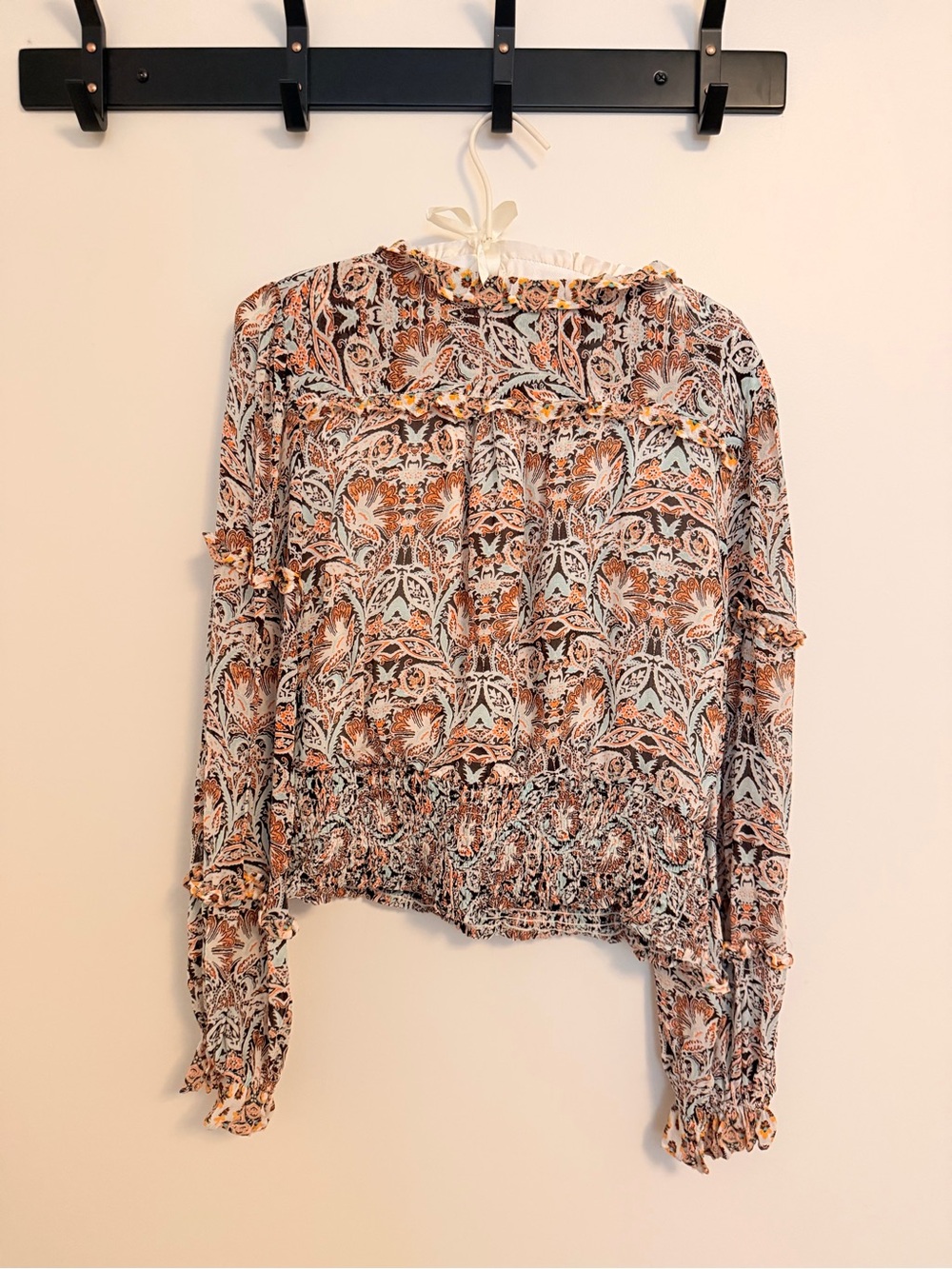 Anthropologie Floral V-Neck Smocked-Waist Blouse in Tangrine and Cream - Picture 2 of 6